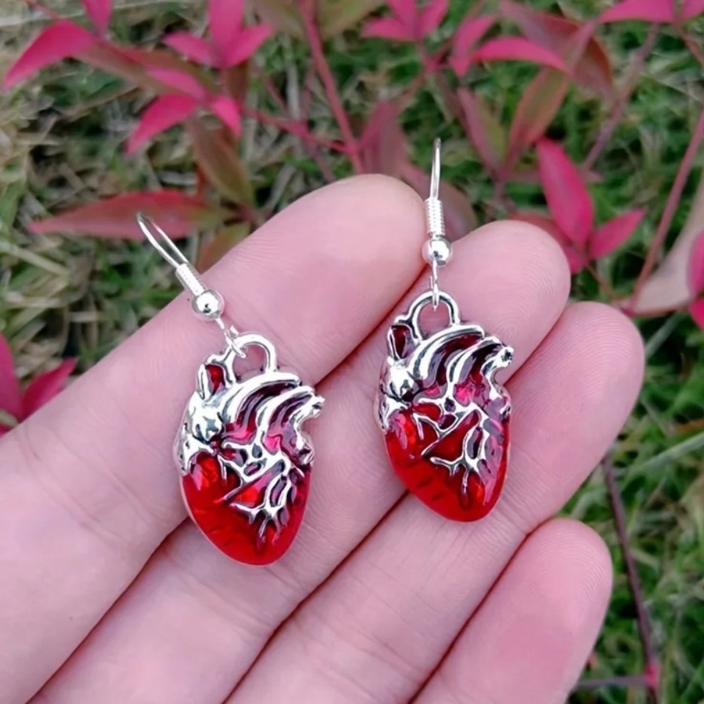 🫀Heart red and silver drop earrings goth punk romance doctor love gift valentine